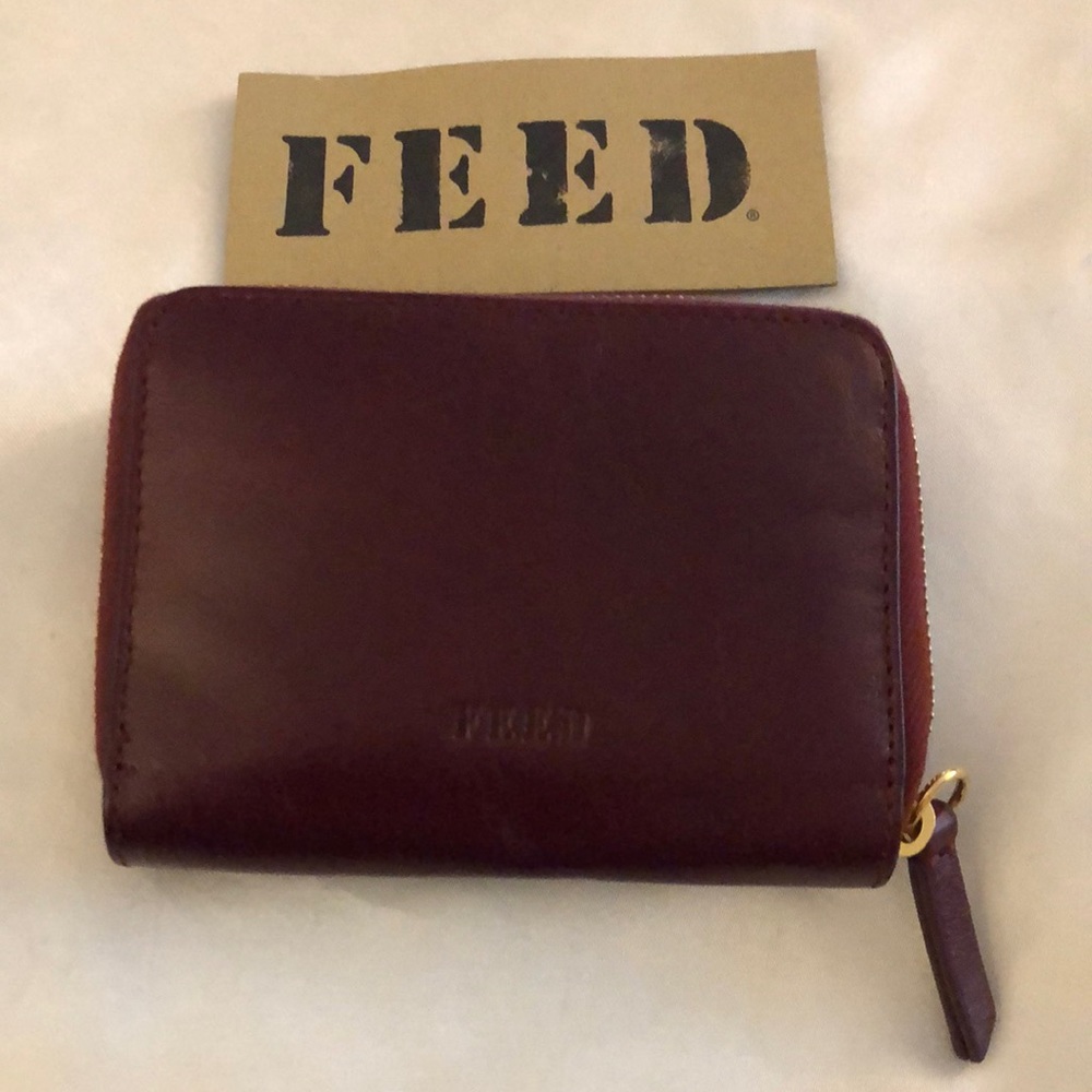 Feed Projects Burgundy Leather Mini Zip Around Wallet NEW